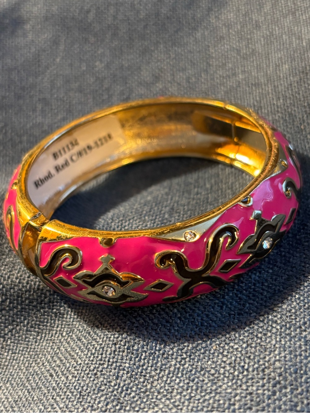 Sequin New York Hot Pink Enamel Hinged Bangle Bracelet Crystal Accents